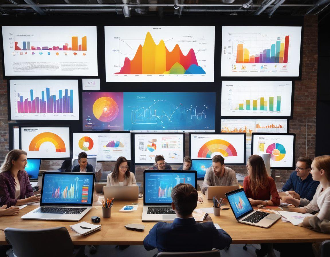 A vibrant collage of diverse people working together on dynamic presentations, featuring digital tools like laptops and tablets with colorful graphs and charts. Include elements of creativity like light bulbs and artistic designs swirling around. The background should depict a modern workspace with an inviting and collaborative atmosphere. super-realistic. vibrant colors. 3D.