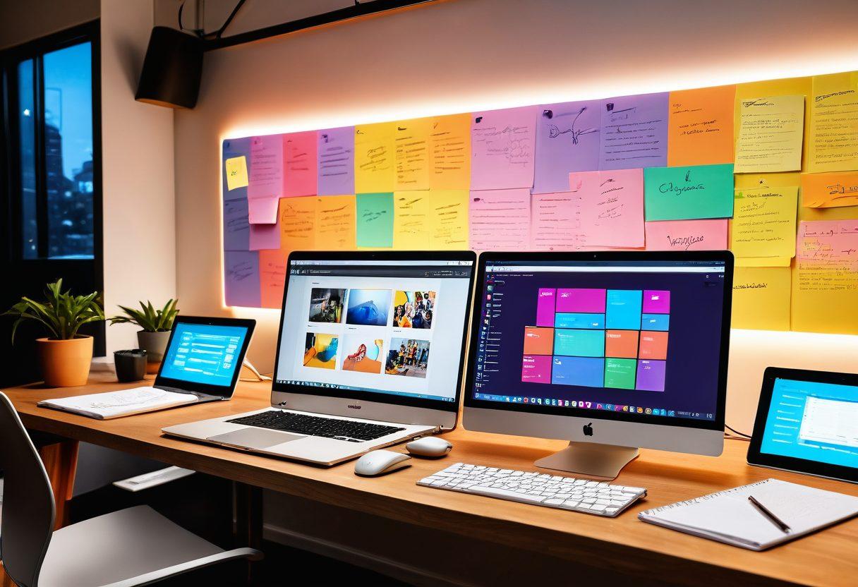 A visually engaging workspace with a glowing laptop displaying colorful and dynamic slide decks. Surrounding the laptop, a variety of free presentation tools like notebooks, a projector, and sticky notes. Bright light illuminating the scene with energetic colors to convey creativity and inspiration. Elements of collaboration, such as diverse hands working together. vibrant colors. 3D.
